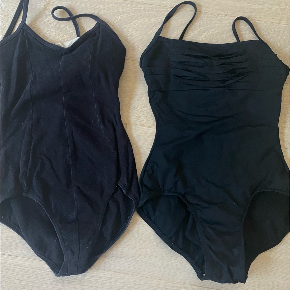 Vintage petite adult Mirella square neckline open back black leotard